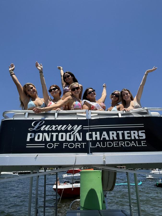 Luxury Pontoon Charters Fort Lauderdale bachelorette party upper deck branded boat