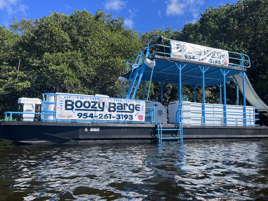 Boozy Barge double deck party pontoon boat Fort Lauderdale waterslide 954-261-3193