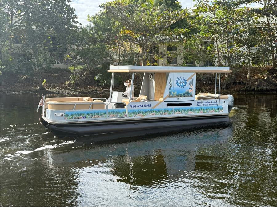Brown boat pontoon charter Fort Lauderdale family sandbar tours waterslide mermaid wrap